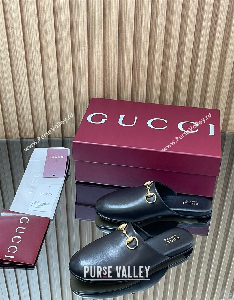 Gucci Leather Flat Mules with Horsebit Black 2025 849565 (MD-250828119)