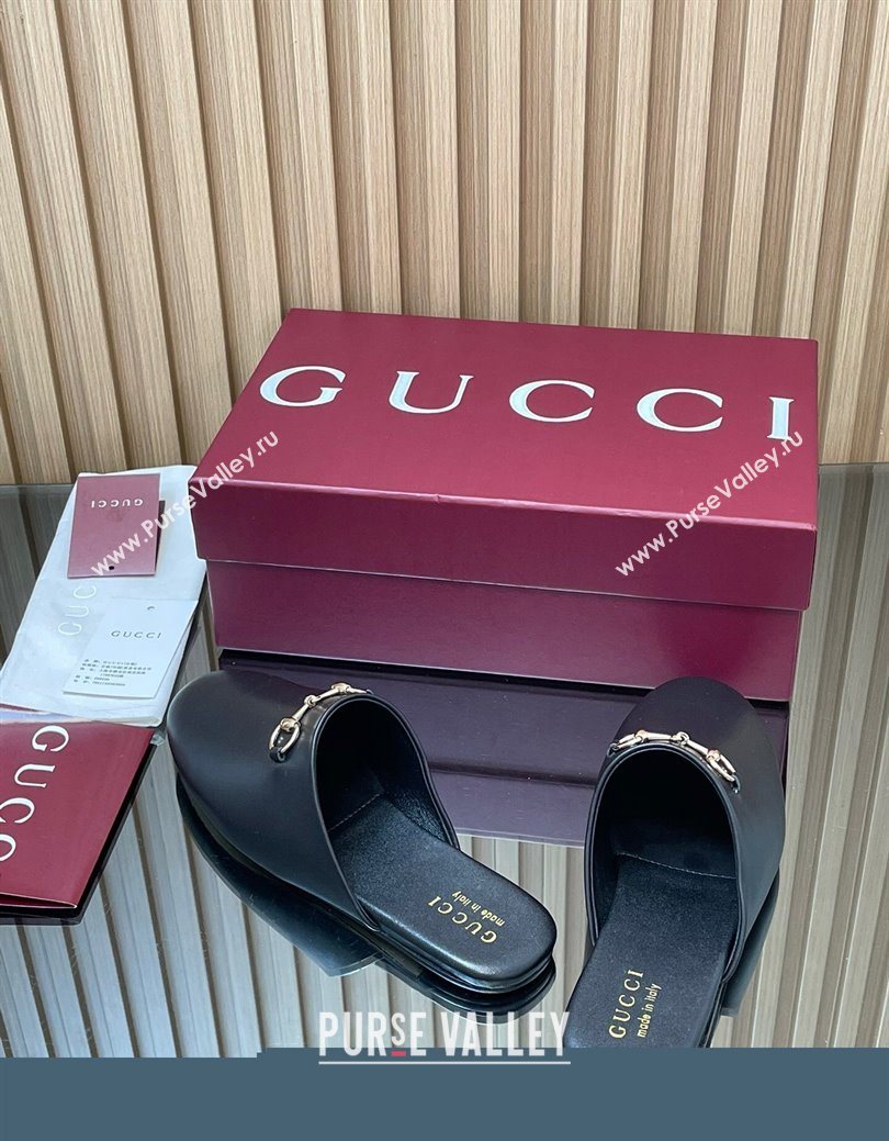 Gucci Leather Flat Mules with Horsebit Black 2025 849565 (MD-250828119)