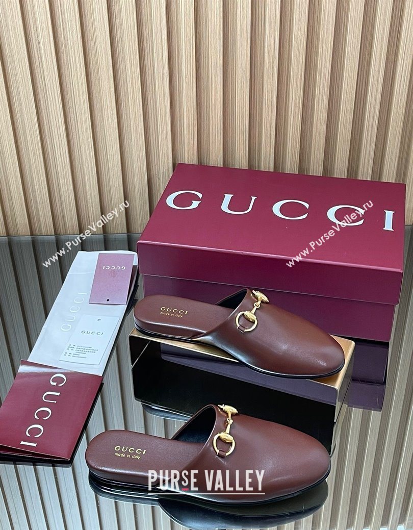 Gucci Leather Flat Mules with Horsebit Dark Brown 2025 849565 (MD-250828120)