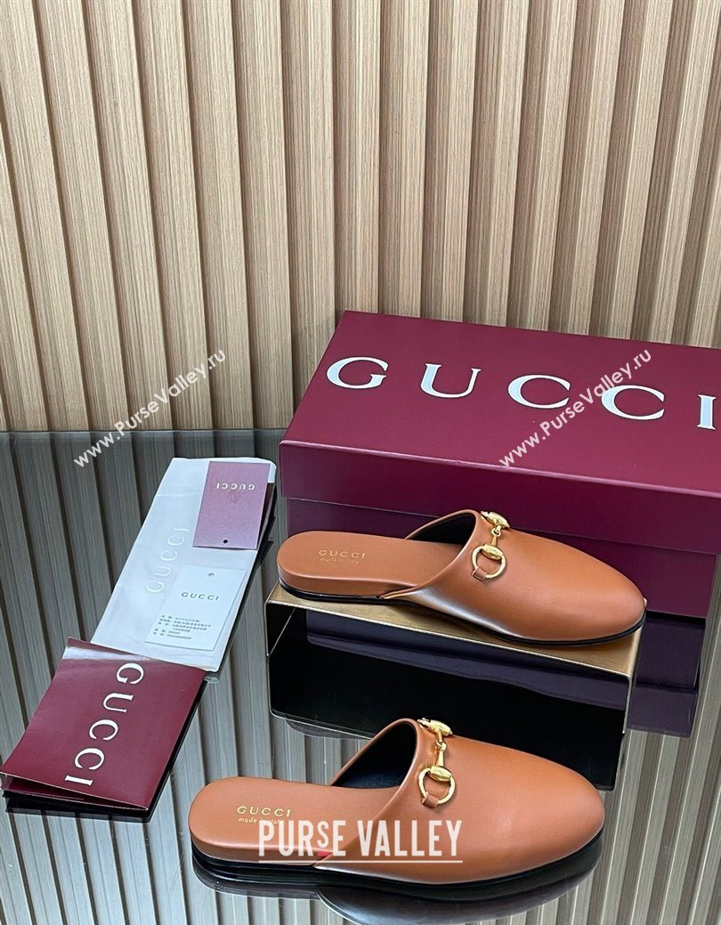 Gucci Leather Flat Mules with Horsebit Tan Brown 2025 849565 (MD-250828121)