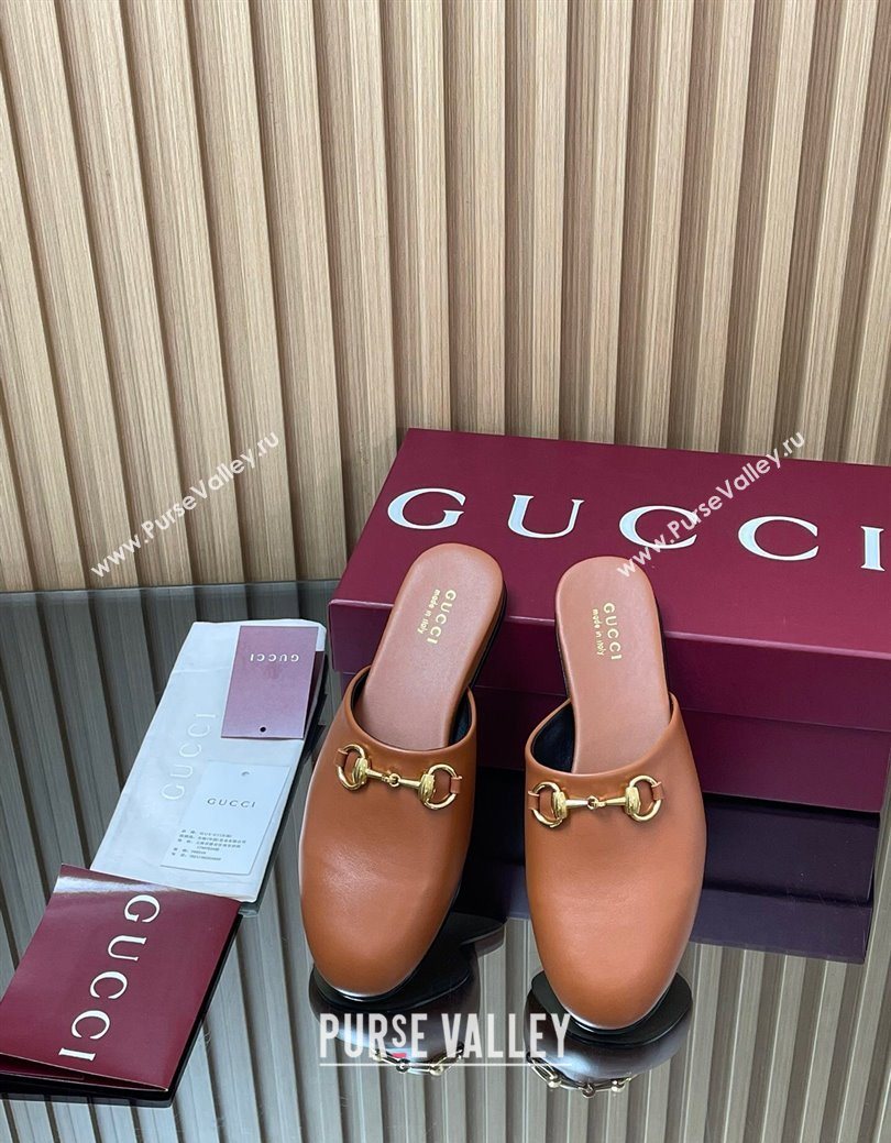Gucci Leather Flat Mules with Horsebit Tan Brown 2025 849565 (MD-250828121)