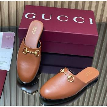 Gucci Leather Flat Mules with Horsebit Tan Brown 2025 849565 (MD-250828121)