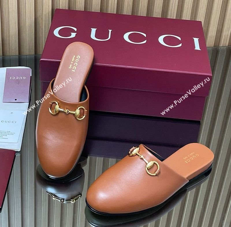 Gucci Leather Flat Mules with Horsebit Tan Brown 2025 849565 (MD-250828121)