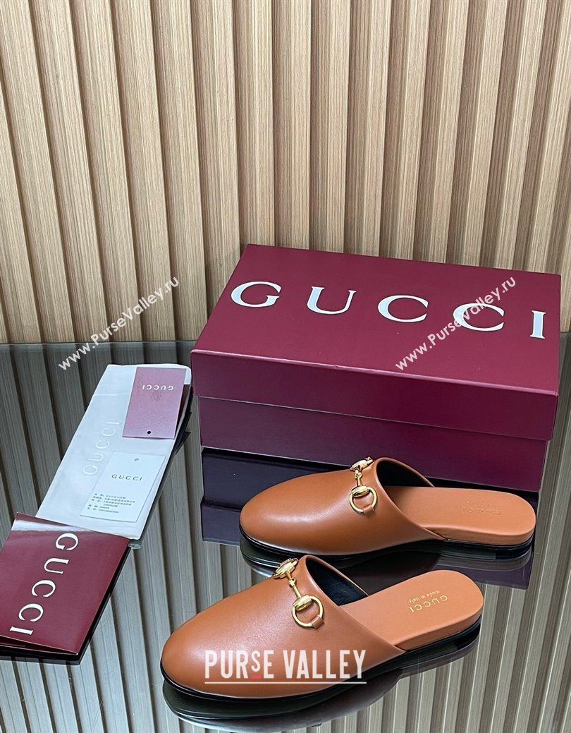 Gucci Leather Flat Mules with Horsebit Tan Brown 2025 849565 (MD-250828121)