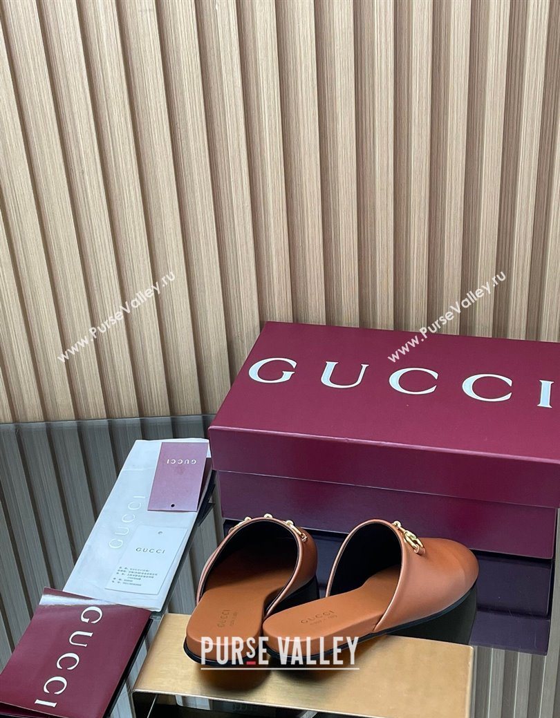 Gucci Leather Flat Mules with Horsebit Tan Brown 2025 849565 (MD-250828121)