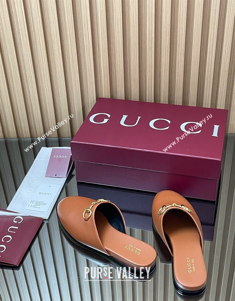 Gucci Leather Flat Mules with Horsebit Tan Brown 2025 849565 (MD-250828121)