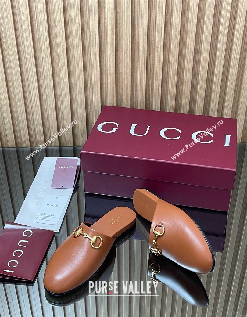 Gucci Leather Flat Mules with Horsebit Tan Brown 2025 849565 (MD-250828121)