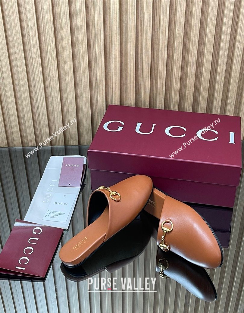 Gucci Leather Flat Mules with Horsebit Tan Brown 2025 849565 (MD-250828121)