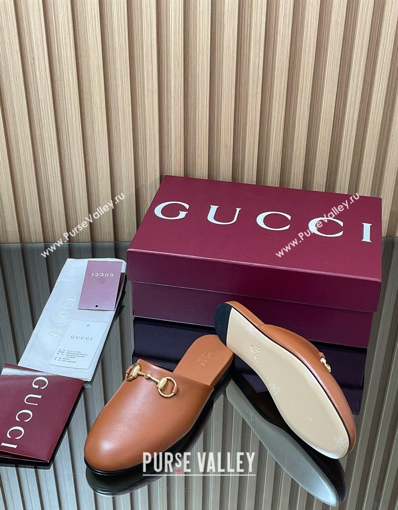 Gucci Leather Flat Mules with Horsebit Tan Brown 2025 849565 (MD-250828121)