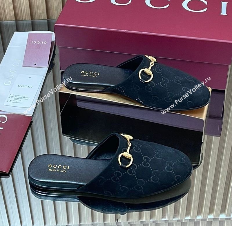 Gucci GG Suede Flat Mules with Horsebit Black 2025 849565 (MD-250828122)