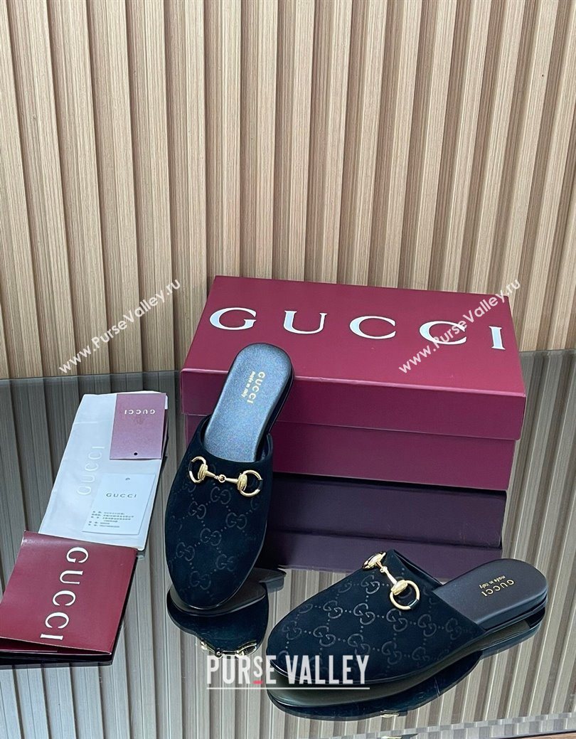 Gucci GG Suede Flat Mules with Horsebit Black 2025 849565 (MD-250828122)