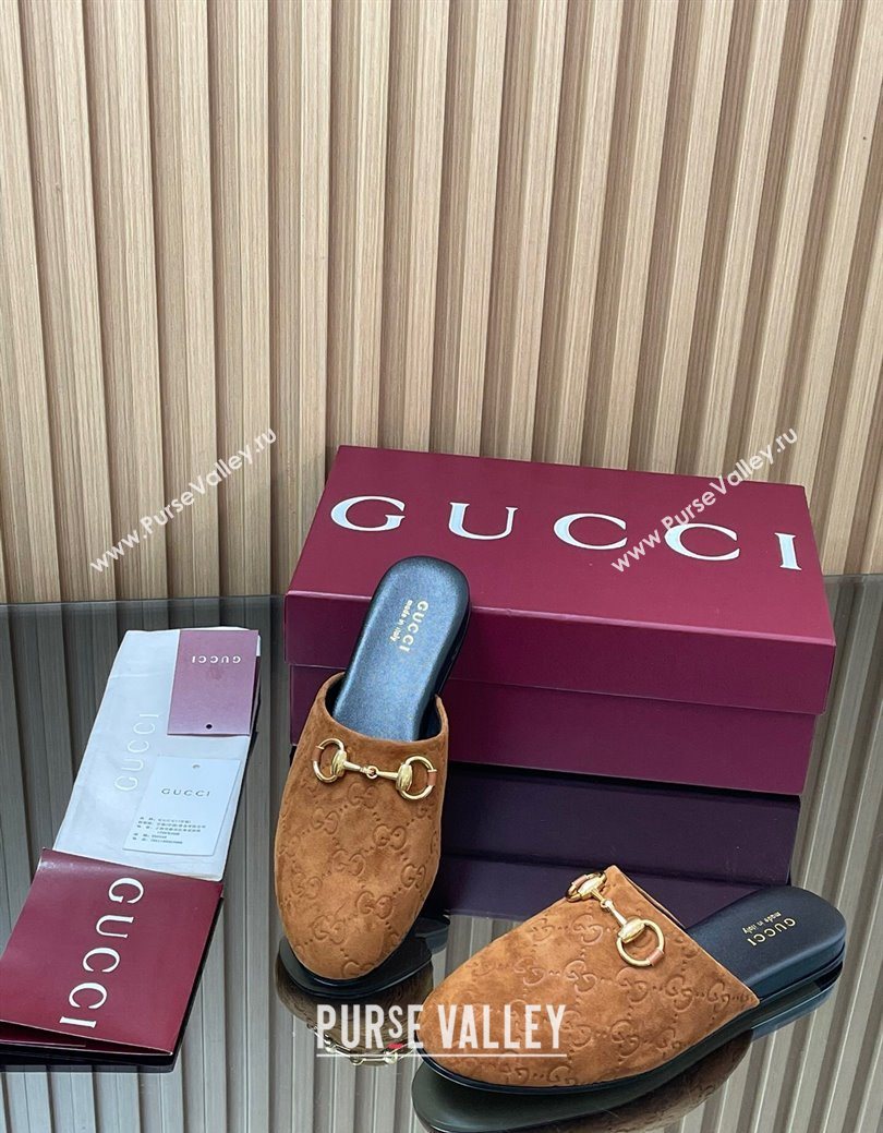 Gucci GG Suede Flat Mules with Horsebit Light Brown 2025 849565 (MD-250828123)