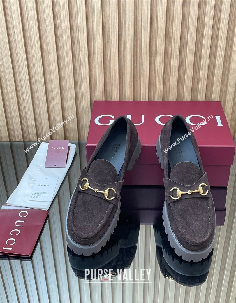 Gucci Suede Loafers 4.5cm with Horsebit Dark Brown 2025 GG123101 (MD-250828077)