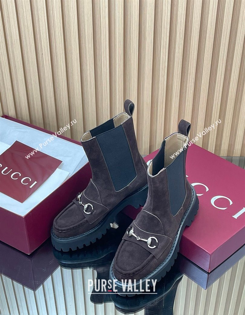Gucci Suede Ankle Boots 4.5cm with Horsebit Dark Brown 2025 834770 (MD-250828082)