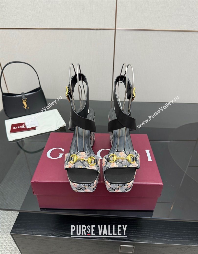 Gucci Flora GG Canvas and Leather Wedge Sandals 10cm with Horsebit and Ankle Strap Black 2025 (MD-250828133)