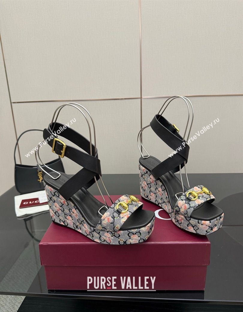 Gucci Flora GG Canvas and Leather Wedge Sandals 10cm with Horsebit and Ankle Strap Black 2025 (MD-250828133)