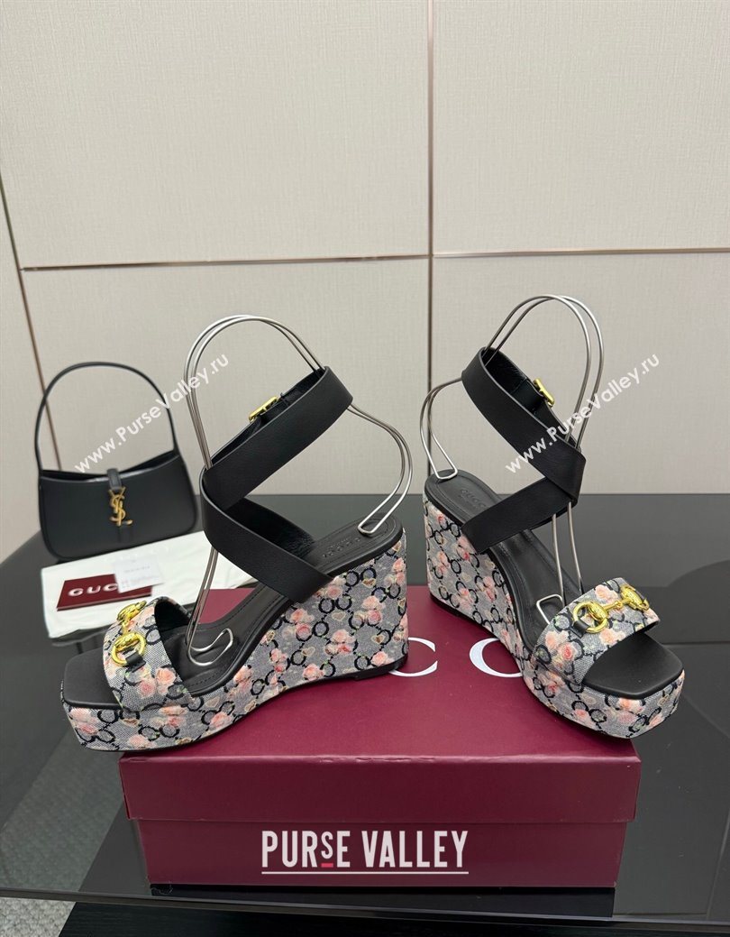 Gucci Flora GG Canvas and Leather Wedge Sandals 10cm with Horsebit and Ankle Strap Black 2025 (MD-250828133)