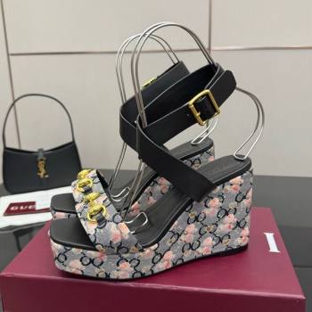 Gucci Flora GG Canvas and Leather Wedge Sandals 10cm with Horsebit and Ankle Strap Black 2025 (MD-250828133)