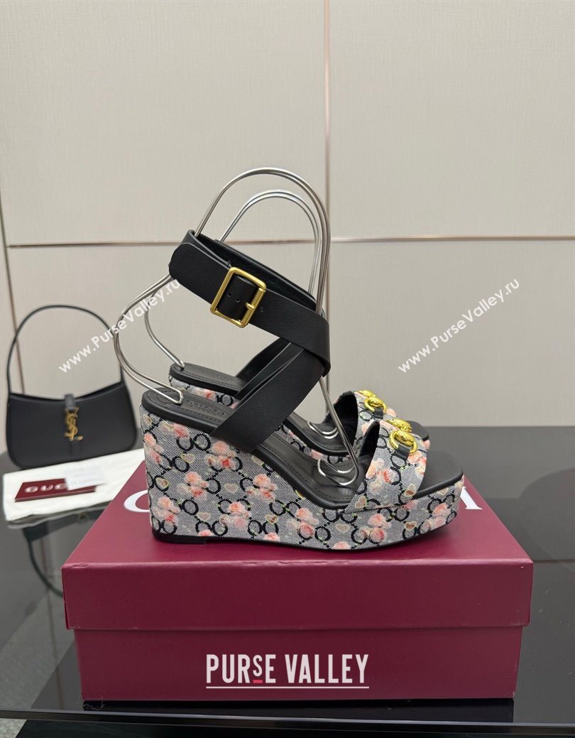 Gucci Flora GG Canvas and Leather Wedge Sandals 10cm with Horsebit and Ankle Strap Black 2025 (MD-250828133)