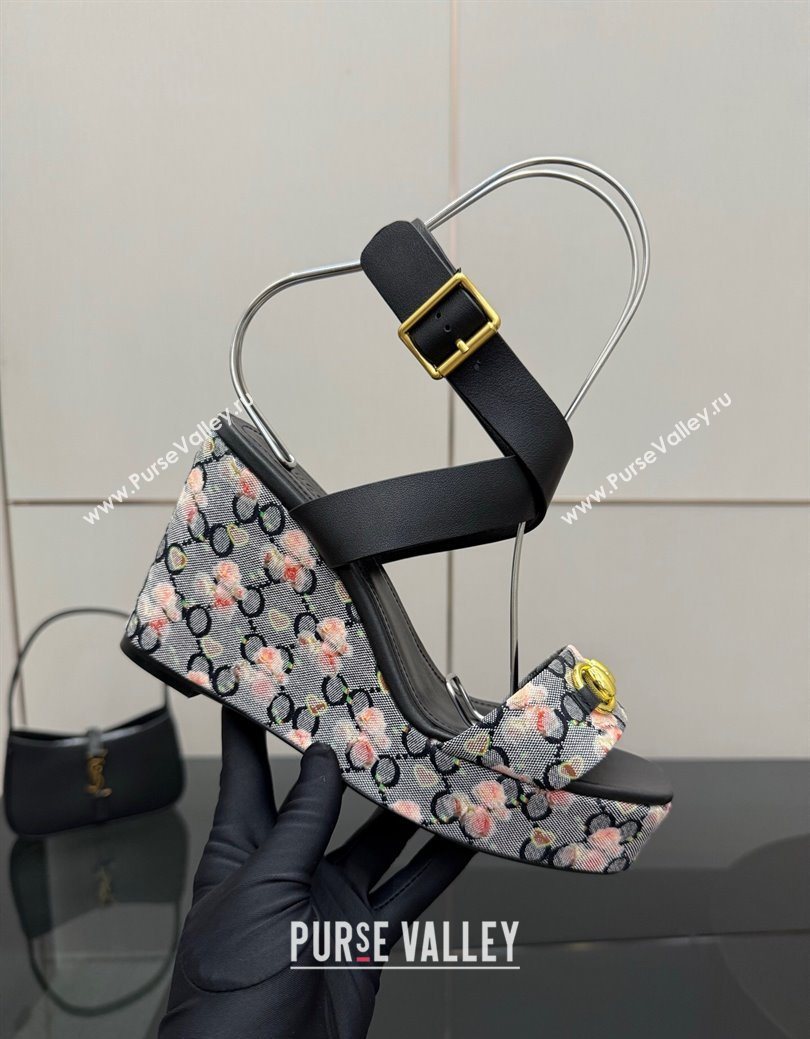 Gucci Flora GG Canvas and Leather Wedge Sandals 10cm with Horsebit and Ankle Strap Black 2025 (MD-250828133)