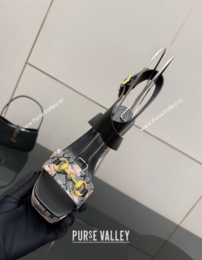 Gucci Flora GG Canvas and Leather Wedge Sandals 10cm with Horsebit and Ankle Strap Black 2025 (MD-250828133)