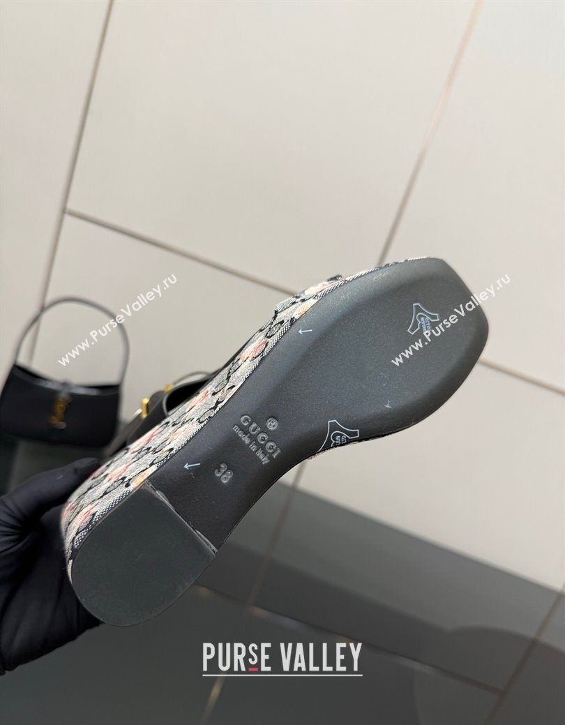 Gucci Flora GG Canvas and Leather Wedge Sandals 10cm with Horsebit and Ankle Strap Black 2025 (MD-250828133)