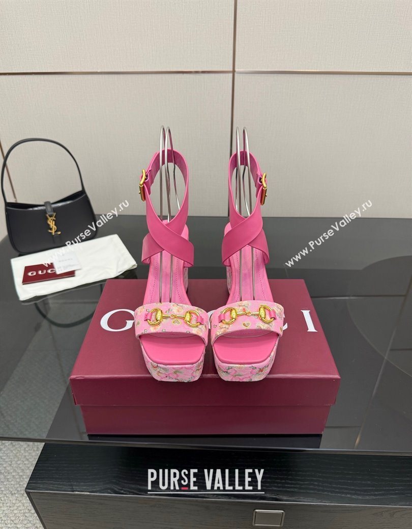 Gucci Flora GG Canvas and Leather Wedge Sandals 10cm with Horsebit and Ankle Strap Pink 2025 (MD-250828134)