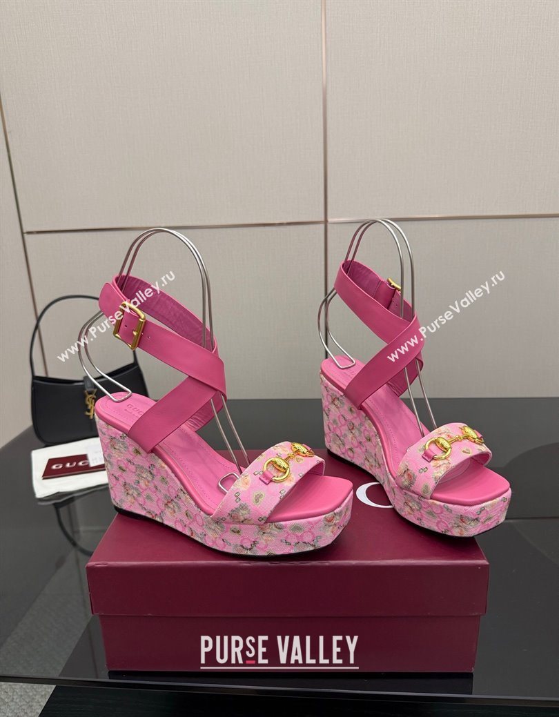 Gucci Flora GG Canvas and Leather Wedge Sandals 10cm with Horsebit and Ankle Strap Pink 2025 (MD-250828134)
