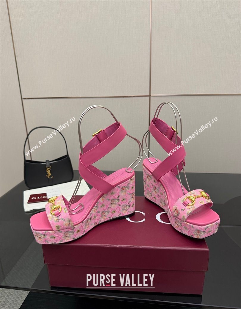Gucci Flora GG Canvas and Leather Wedge Sandals 10cm with Horsebit and Ankle Strap Pink 2025 (MD-250828134)