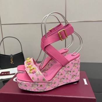 Gucci Flora GG Canvas and Leather Wedge Sandals 10cm with Horsebit and Ankle Strap Pink 2025 (MD-250828134)
