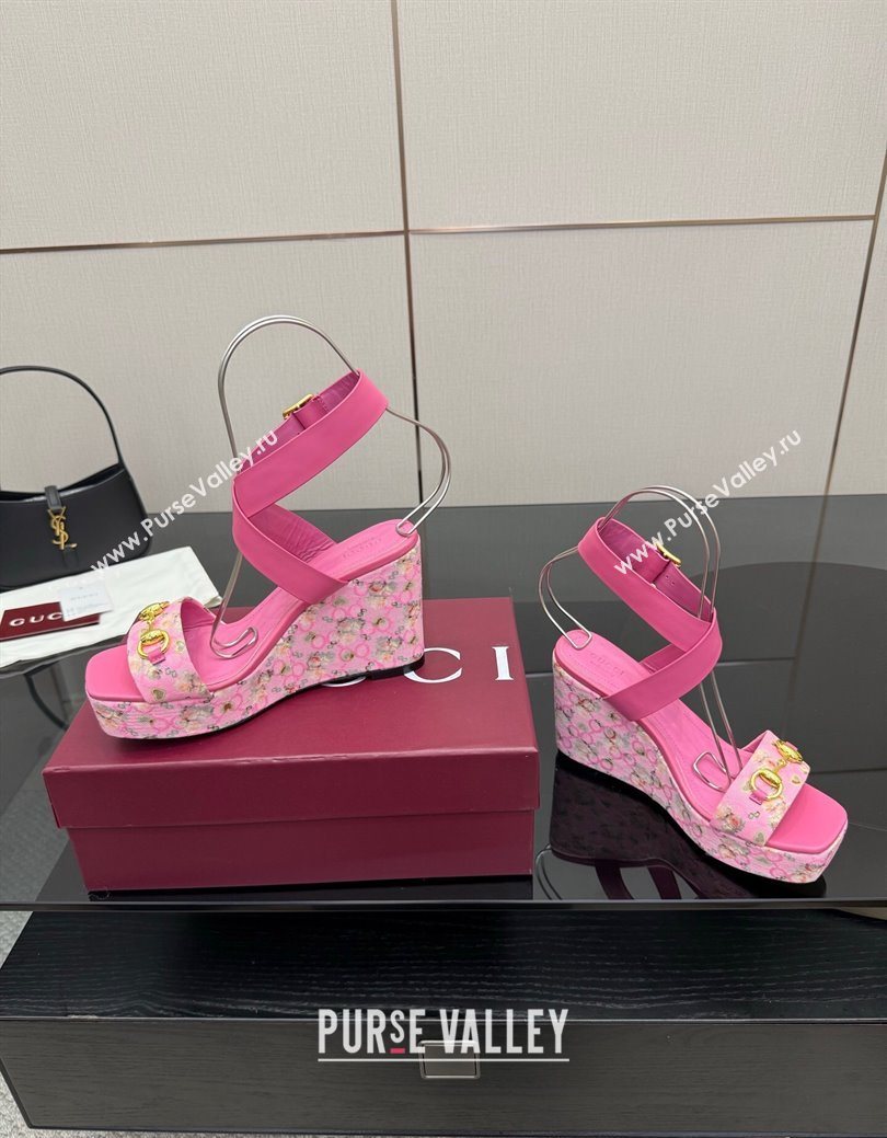 Gucci Flora GG Canvas and Leather Wedge Sandals 10cm with Horsebit and Ankle Strap Pink 2025 (MD-250828134)