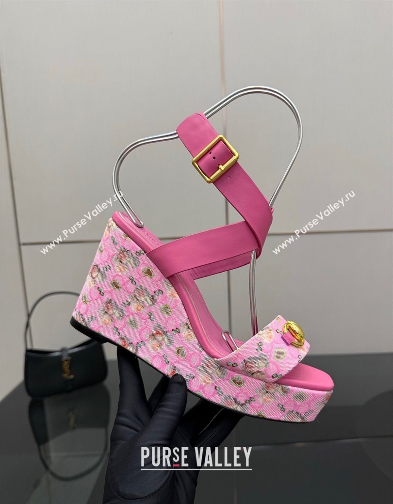 Gucci Flora GG Canvas and Leather Wedge Sandals 10cm with Horsebit and Ankle Strap Pink 2025 (MD-250828134)