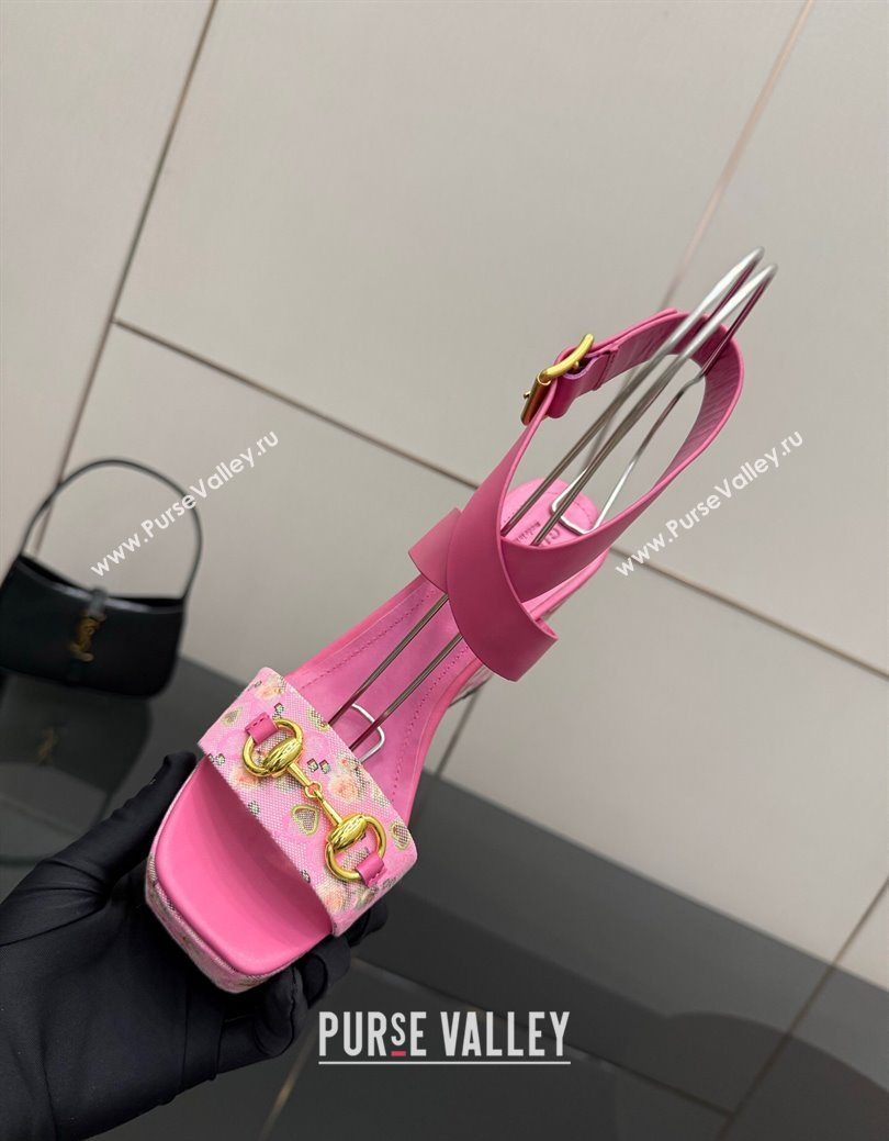 Gucci Flora GG Canvas and Leather Wedge Sandals 10cm with Horsebit and Ankle Strap Pink 2025 (MD-250828134)