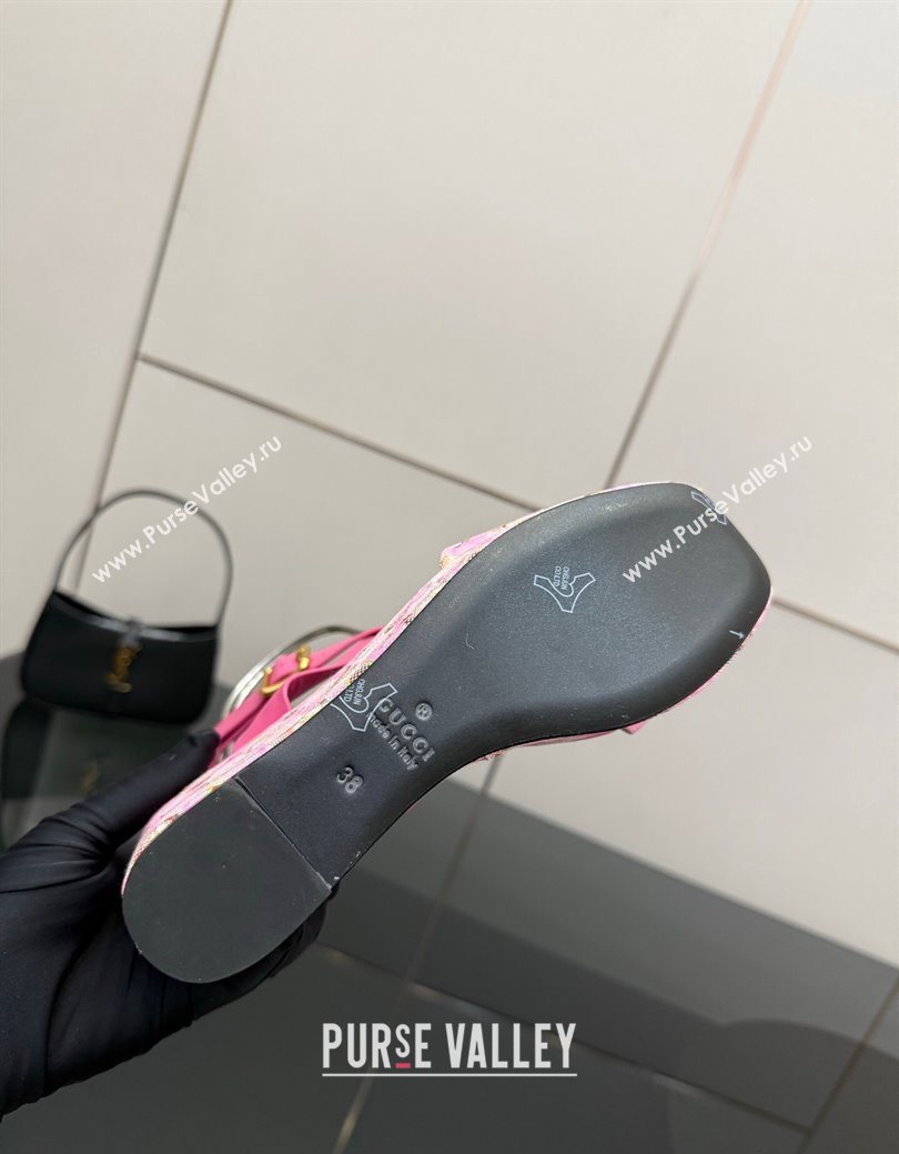 Gucci Flora GG Canvas and Leather Wedge Sandals 10cm with Horsebit and Ankle Strap Pink 2025 (MD-250828134)
