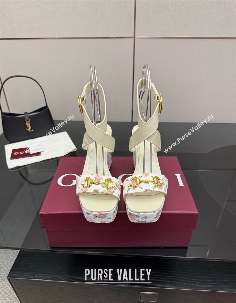 Gucci Flora GG Canvas and Leather Wedge Sandals 10cm with Horsebit and Ankle Strap White 2025 (MD-250828135)