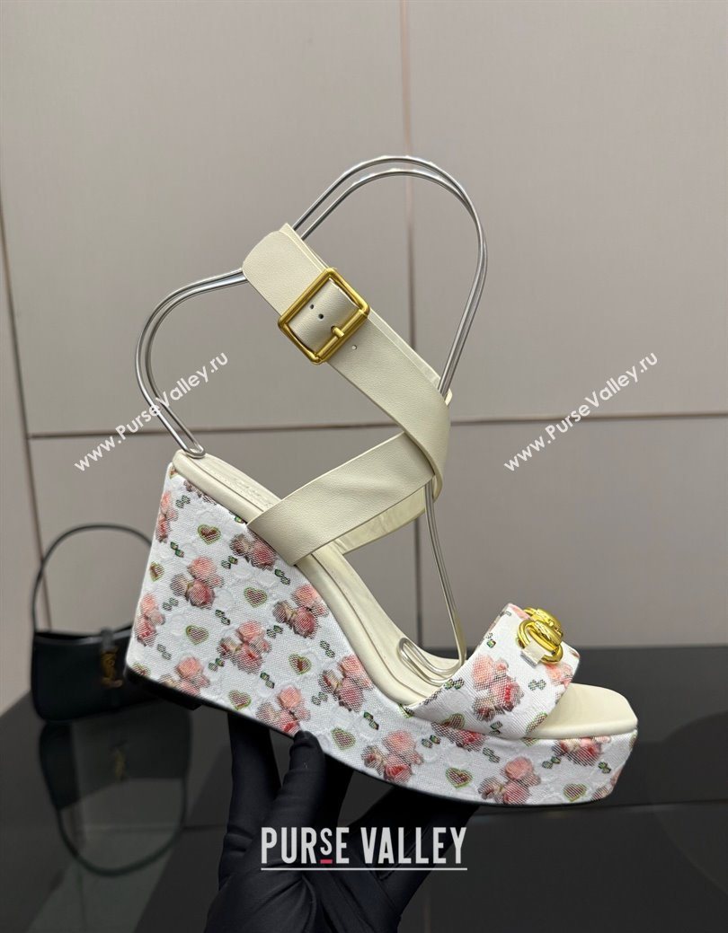Gucci Flora GG Canvas and Leather Wedge Sandals 10cm with Horsebit and Ankle Strap White 2025 (MD-250828135)