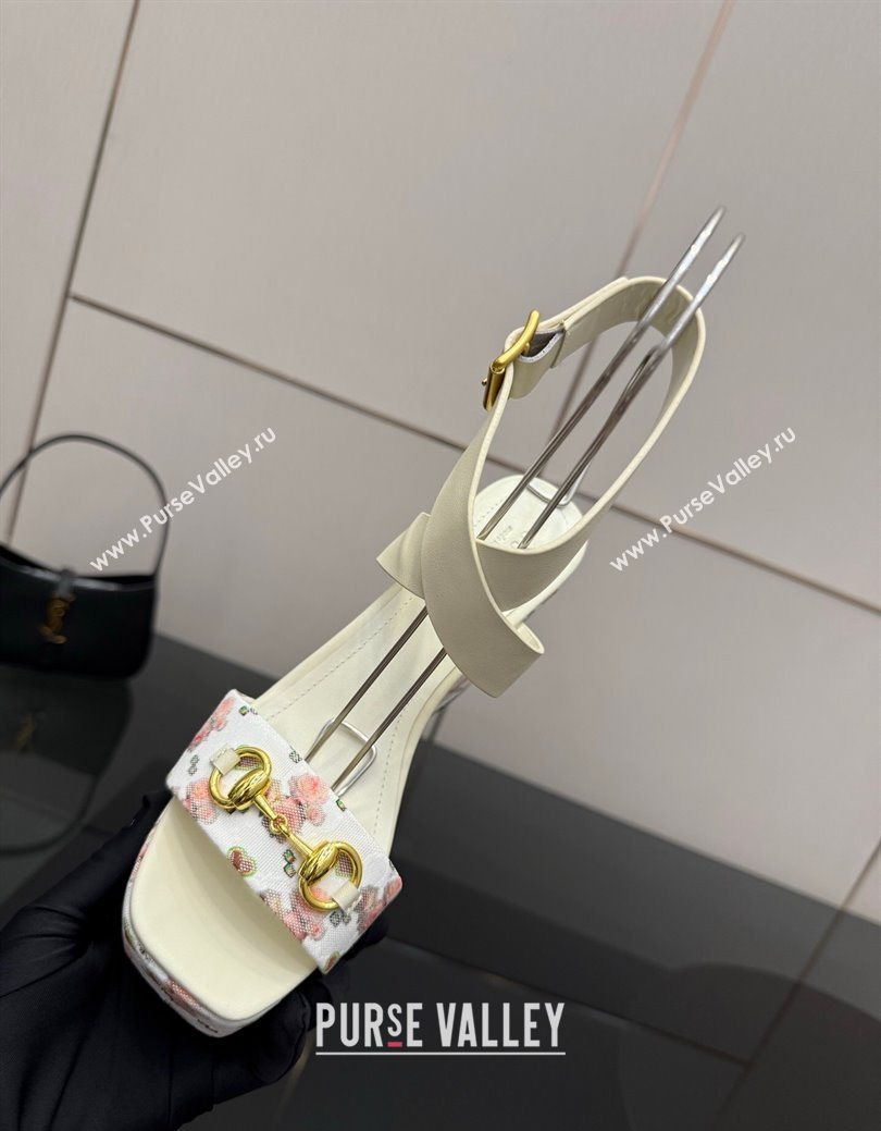 Gucci Flora GG Canvas and Leather Wedge Sandals 10cm with Horsebit and Ankle Strap White 2025 (MD-250828135)