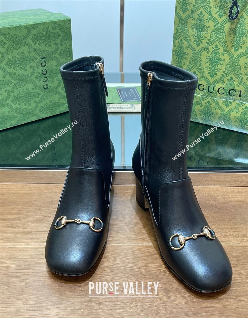 Gucci Leather Heel Ankle Boots 6.5cm with Horsebit Black 2025 794334 (SS-250828159)