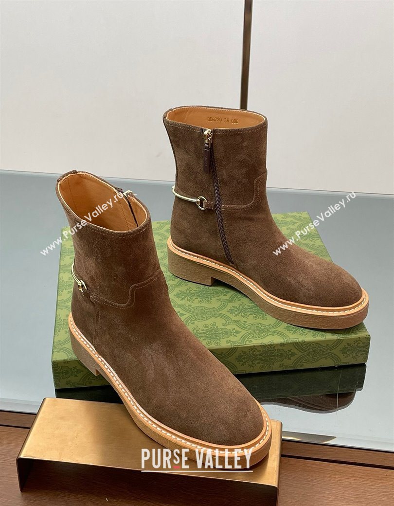 Gucci Suede Flat Ankle Boots with Slim Horsebit Brown 2025 805312 (SS-250828151)