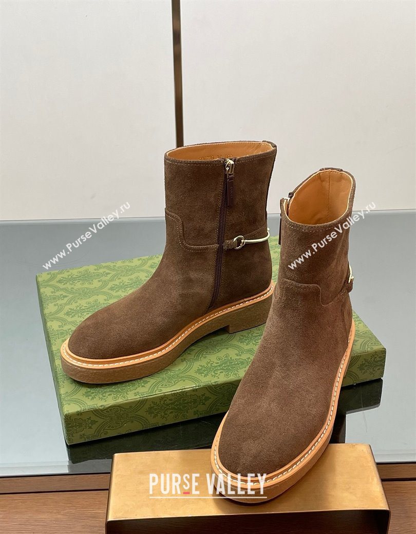 Gucci Suede Flat Ankle Boots with Slim Horsebit Brown 2025 805312 (SS-250828151)