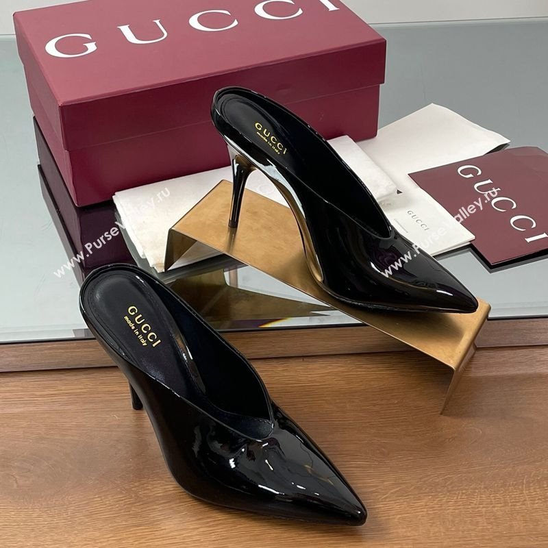 Gucci V Heel Mules 10.5cm in Patent Leather Black 2025 GG082801 (MD-250828166)