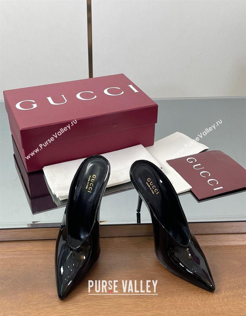 Gucci V Heel Mules 10.5cm in Patent Leather Black 2025 GG082801 (MD-250828166)