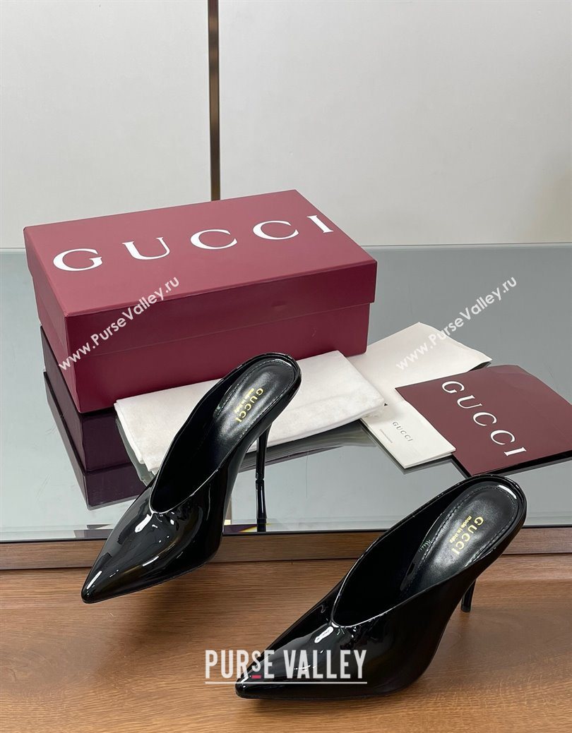 Gucci V Heel Mules 10.5cm in Patent Leather Black 2025 GG082801 (MD-250828166)