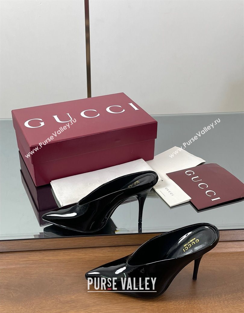 Gucci V Heel Mules 10.5cm in Patent Leather Black 2025 GG082801 (MD-250828166)