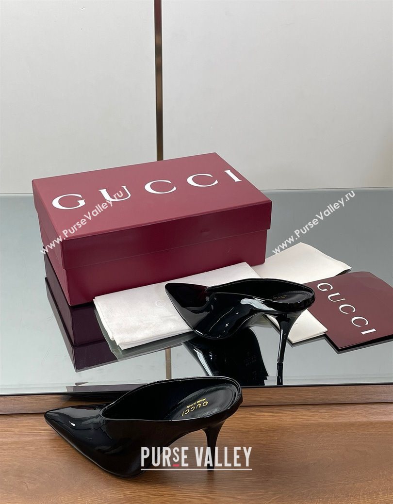 Gucci V Heel Mules 10.5cm in Patent Leather Black 2025 GG082801 (MD-250828166)