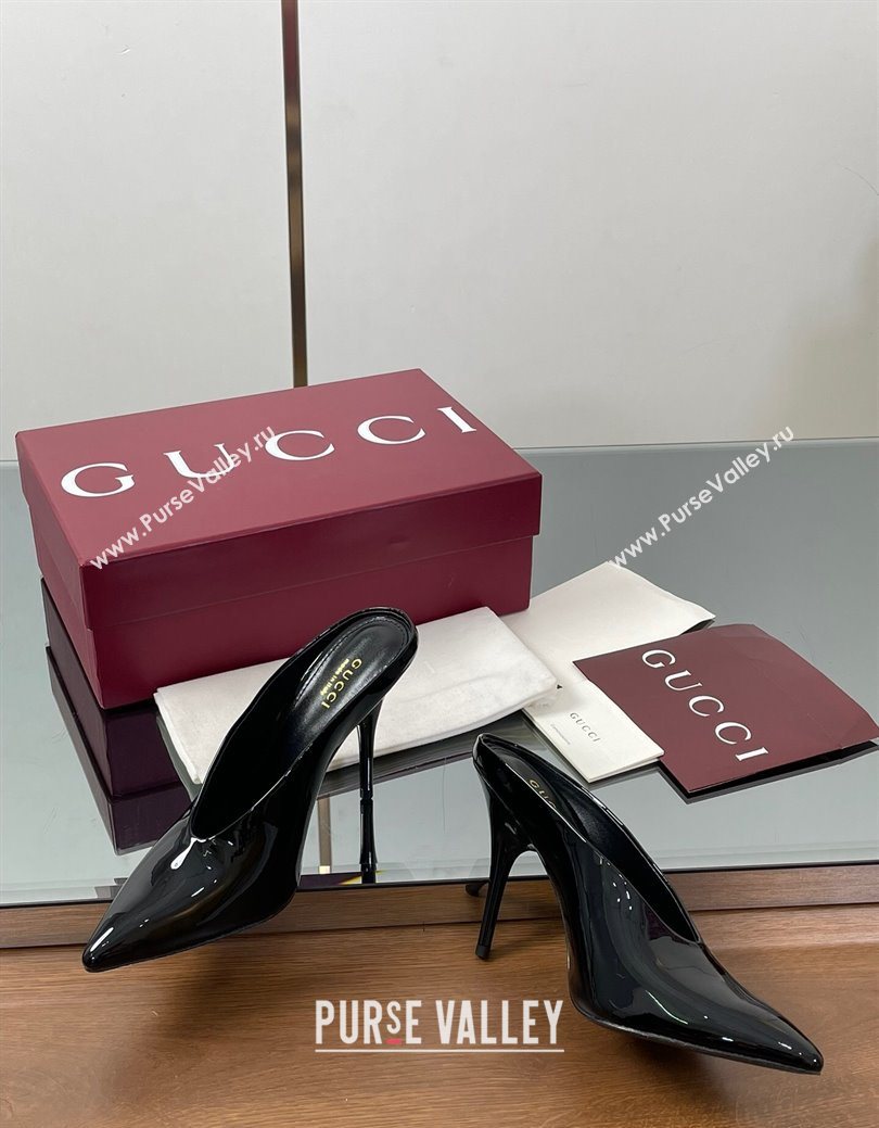 Gucci V Heel Mules 10.5cm in Patent Leather Black 2025 GG082801 (MD-250828166)