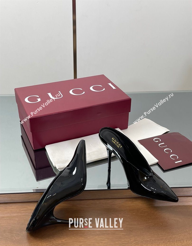 Gucci V Heel Mules 10.5cm in Patent Leather Black 2025 GG082801 (MD-250828166)
