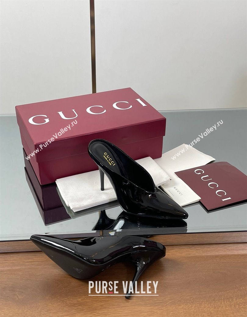 Gucci V Heel Mules 10.5cm in Patent Leather Black 2025 GG082801 (MD-250828166)