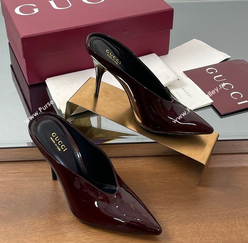 Gucci V Heel Mules 10.5cm in Patent Leather Dark Burgundy 2025 GG082801 (MD-250828167)