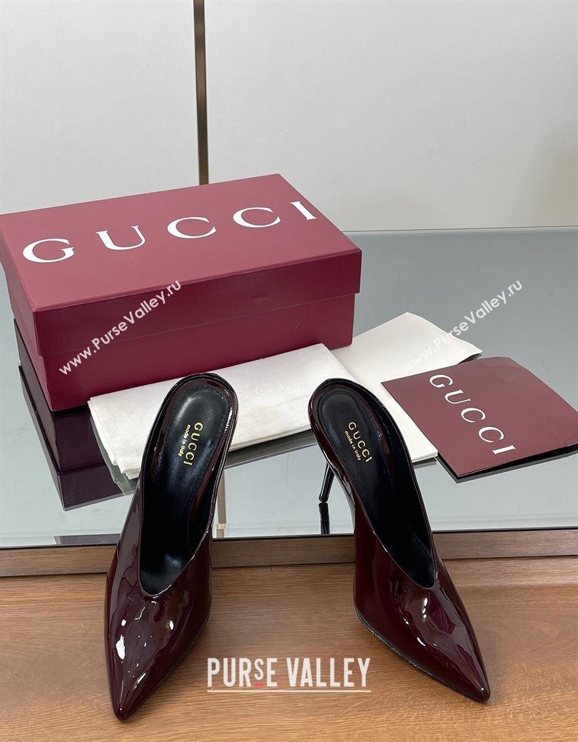 Gucci V Heel Mules 10.5cm in Patent Leather Dark Burgundy 2025 GG082801 (MD-250828167)